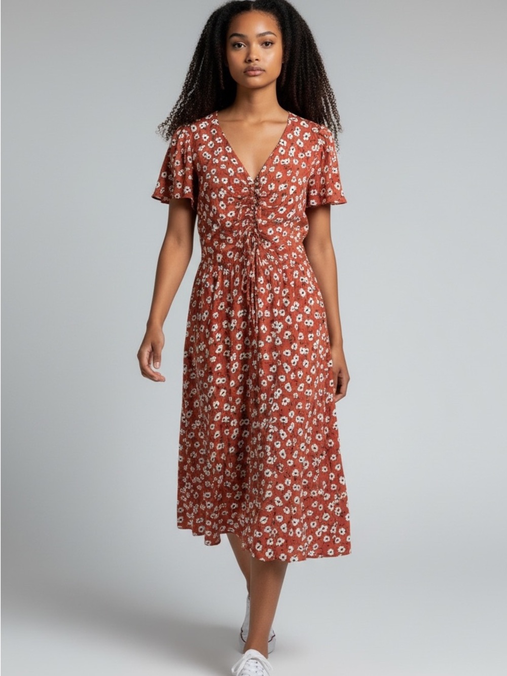 Red Floral Ruched Midi Dress - Women